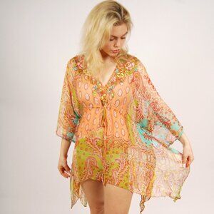 Y2K Butterfly Top (S) small silk peach vintage poncho mini dress beach NWT cute